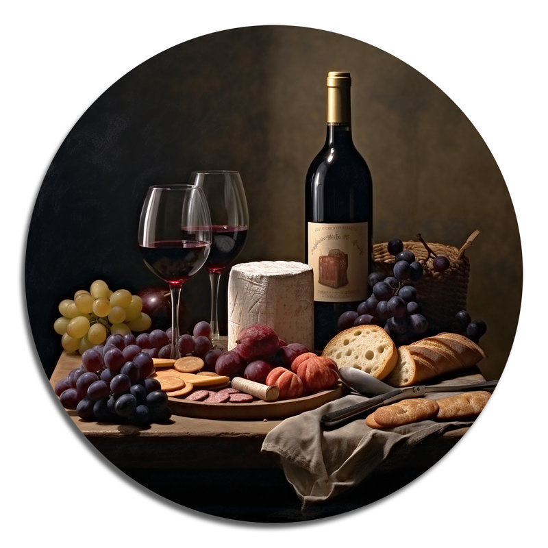 «Cheese and Wine II - Food & Beverage», art rond en métal, H 36 po x l 36 po