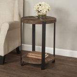 Nedra 20" Dia Rustic Industrial Solid Wood and Metal Round End Table With 1 Shelf