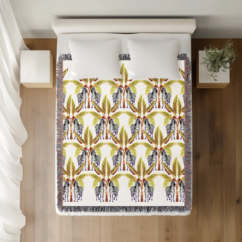 Jeté en mélange de coton Xavier Zebra, Noir / jaune-vert / blanc cassé, L 60 po x l 50 po