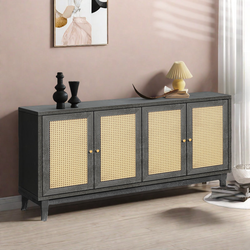Buffet rétro avec 4 portes en rotin et tablettes réglables
