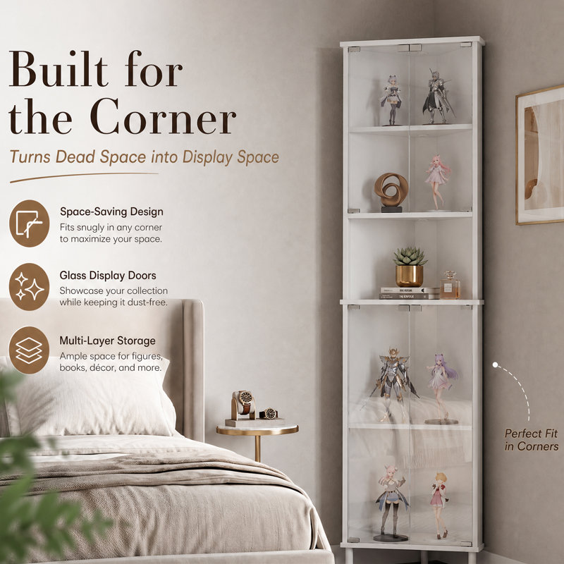 173cm Tall Corner Glass Display Cabinet with Wood Legs, 2-Tier Storage & Magnetic Doors, White  