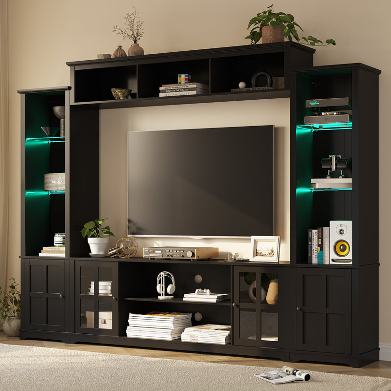 4 Piece Wall Unit Tv Stand With Bookshelf, Modern Tv Console Table With Led Lights, Large Entertainment Center With Open Shelves For Tvs Up To 65", Living Room Wine Cabinet Display Cabinet