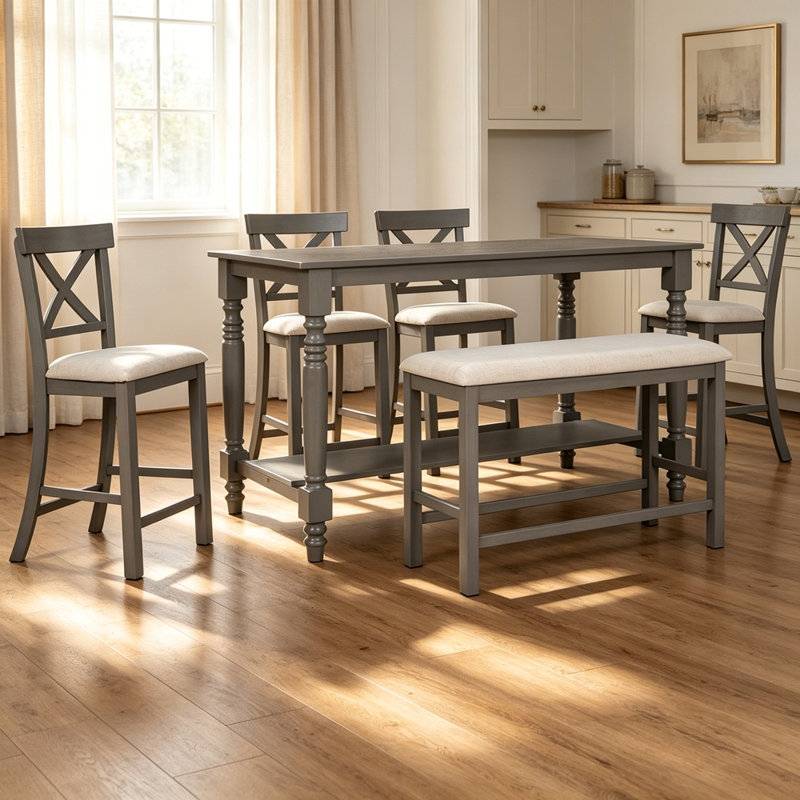 Ensemble de 6 tables de salle à manger à hauteur de comptoir avec 4 chaises et un banc pour la salle à manger, Gris