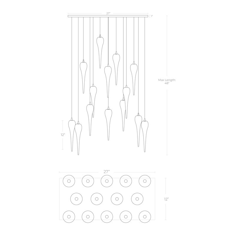 Icicle 14 - Light LED Pendant, 48" H x 27" W x 12" D, Clear/Funnel, Black