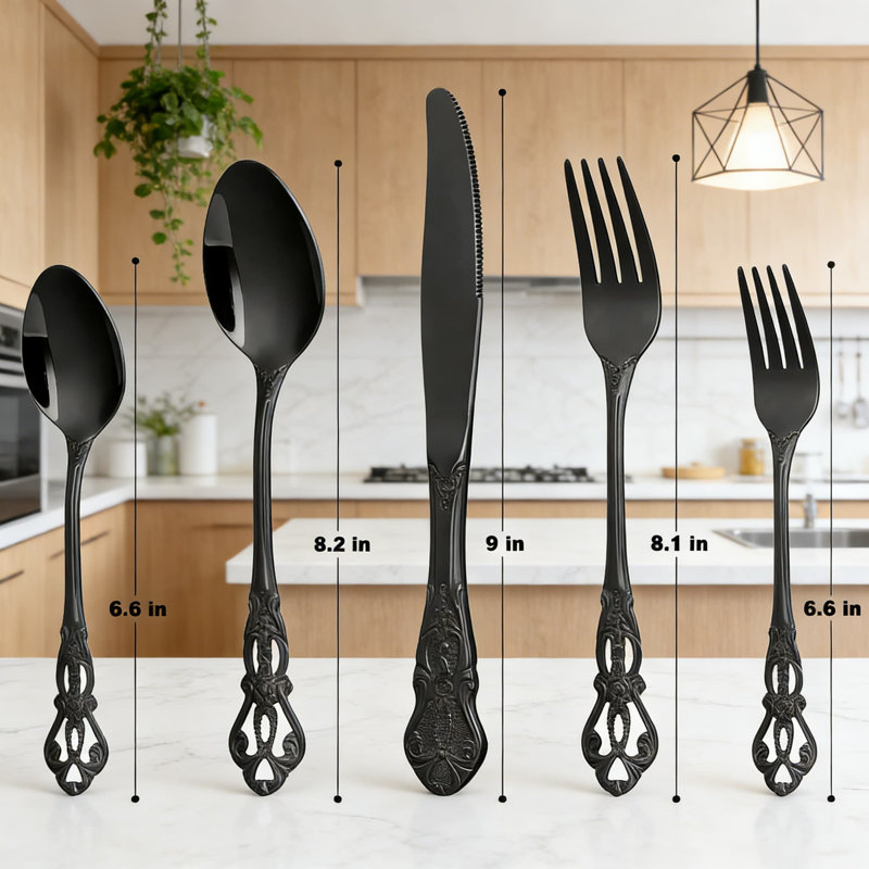 Ensemble de couverts Retro Royal Black Silver pour 12 personnes, ensemble de couverts en acier inoxydable de qualité supérieure avec boîte-cadeau, ensemble de couverts polis miroir comprenant des cuillères et des fourchettes, des ustensiles d'époque, allant au lave-vaisselle