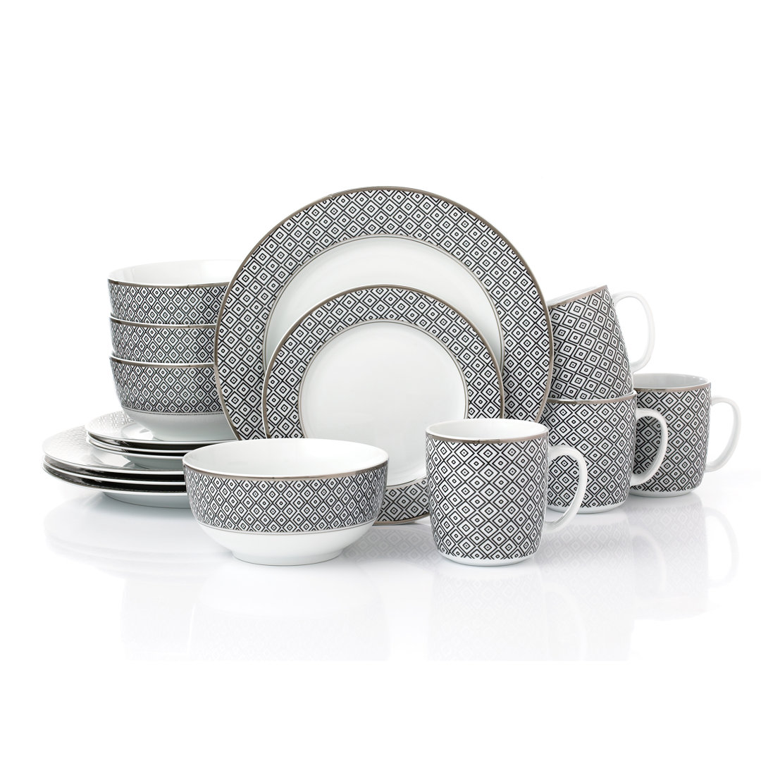 Waterside 16pc Premium Diamond Porcelain Dinner Set with Silver Rim