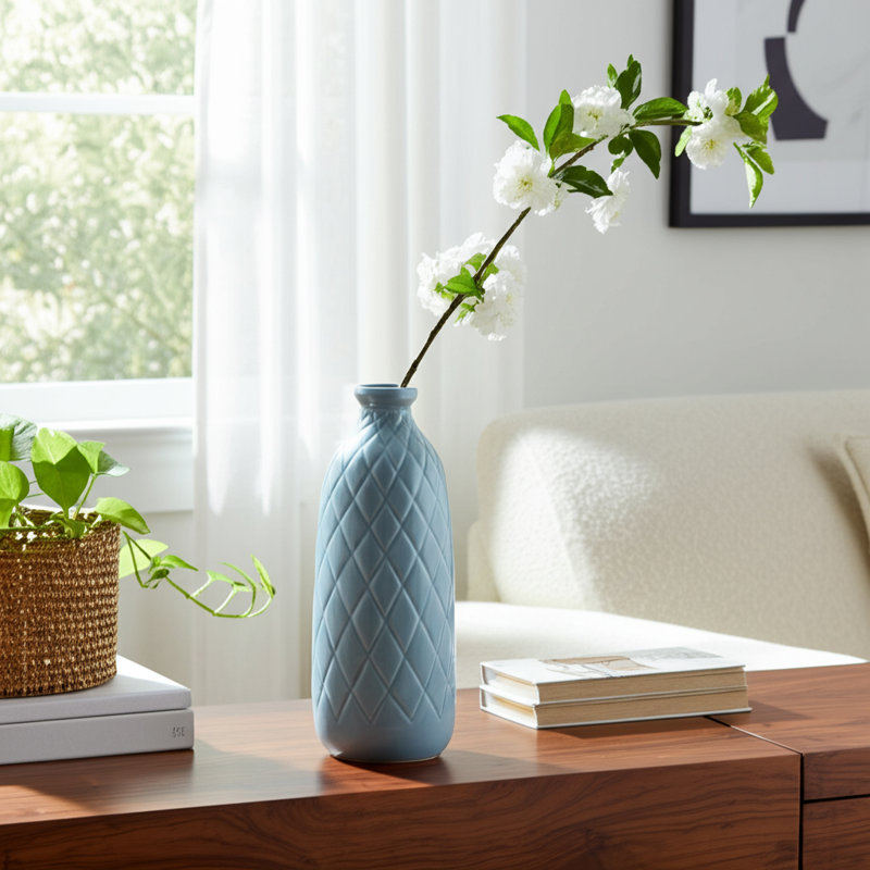 Vase de table décoratif en céramique texturée pour décoration intérieure - Vase à motif à carreaux, H 12 po x l 5 po x P 5 po