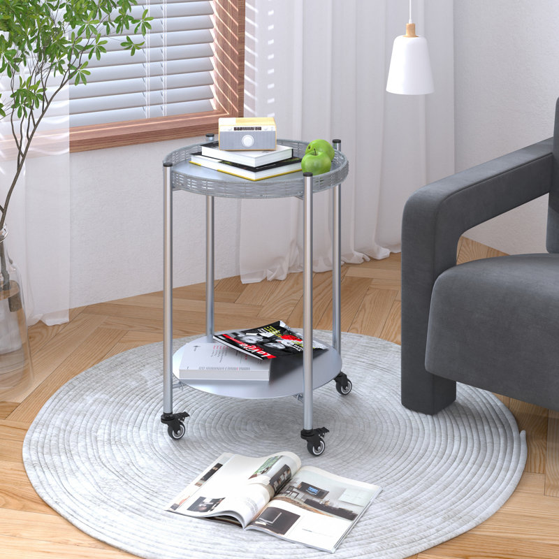 Table basse ronde avec roulettes, table d'appoint mobile à 2 niveaux, table de chevet
