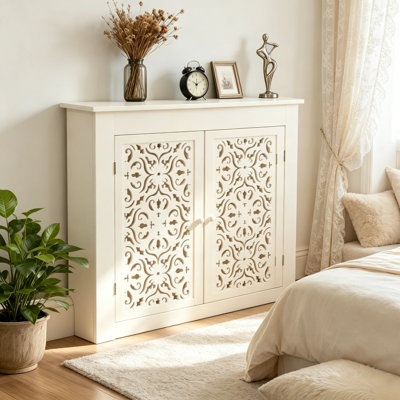 White Carved Hollow Radiator Cover Cabinet, Freestanding Double Door Heater Screen Hideaway Enclosure