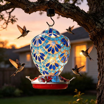 Mangeoire colibri en verre soufflé à la main avec douves de fourmis et quatre ports d'alimentation, mangeoire suspendue pour jardin et porche
