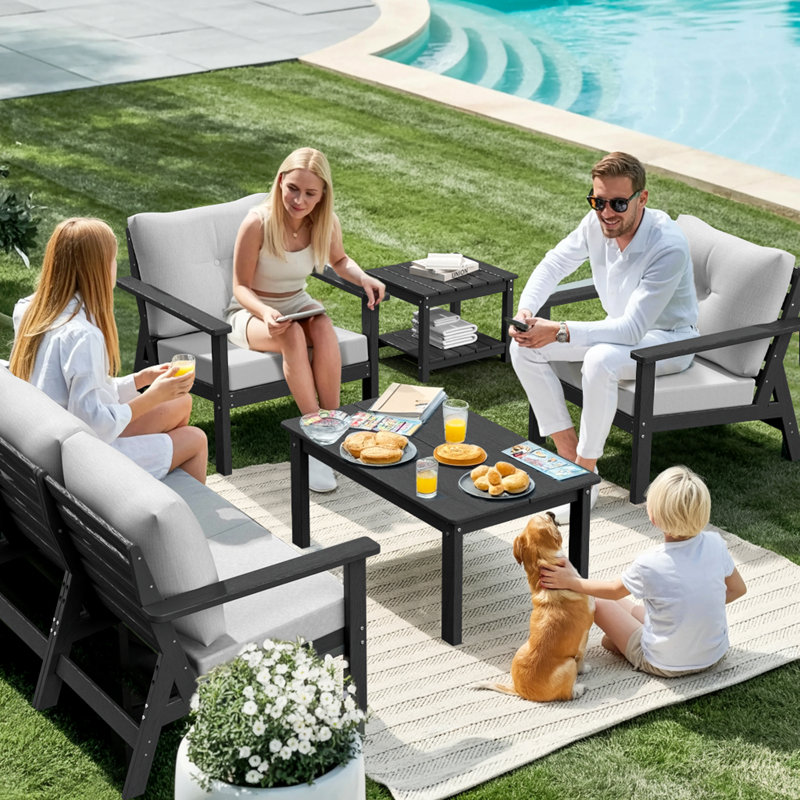 7-Piece HDPE Patio Conversation Seating Set with Cushions, Black
