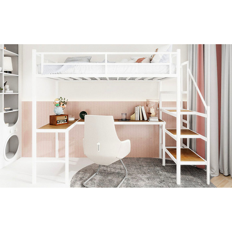 Lit mezzanine simple en fer avec bureau en forme de L et trois tablettes, fonctionnalité, stabilité à long terme, parfait pour l'installation d'un bureau à domicile.