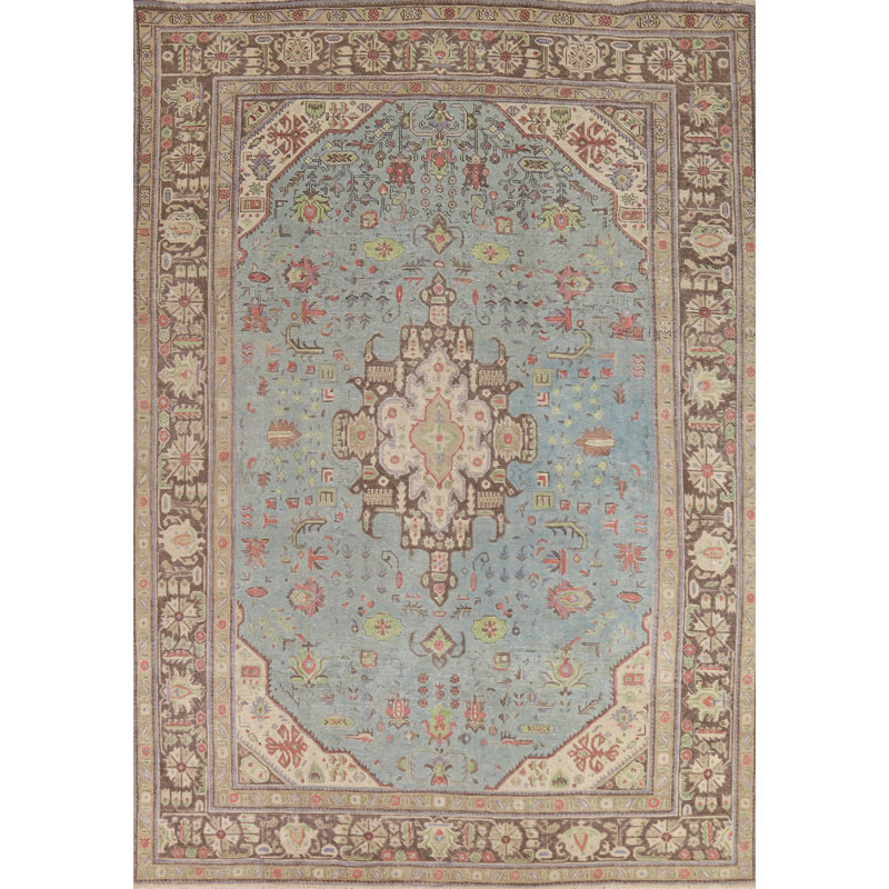 Tapis traditionnel bleu clair en laine à motif géométrique 8 x 11