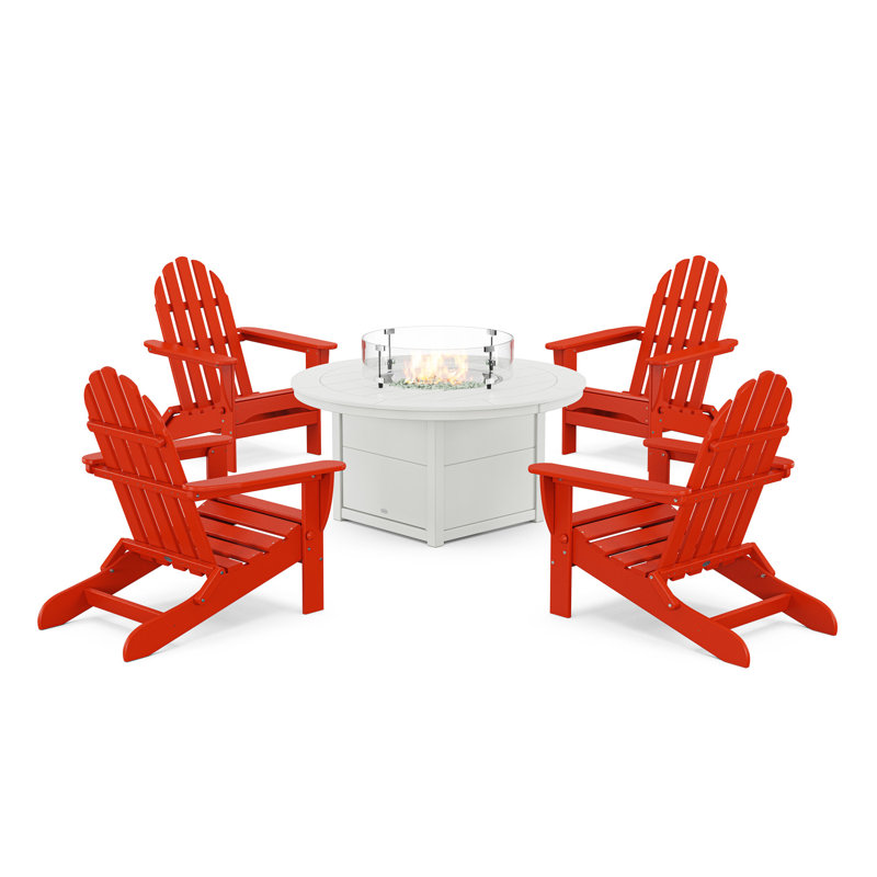 POLYWOOD Classic Folding Adirondack 6-Piece Conversation Set with Fire Pit Table, Sunset Red