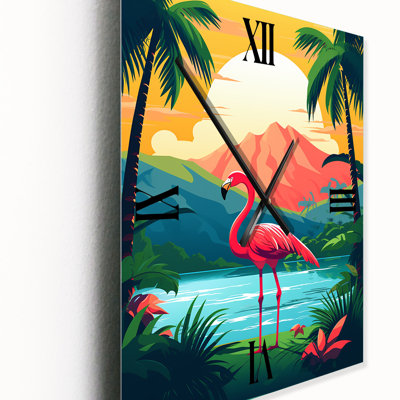 Pink Flamingo In Tropical Landscape I - Animals Flamingo Modern Wall Clock