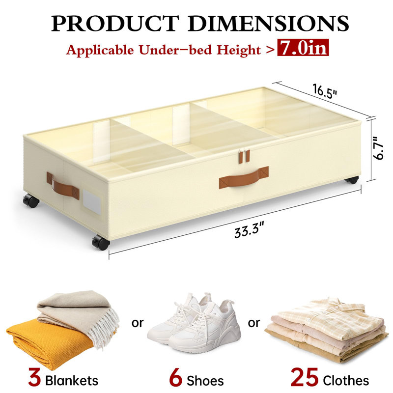 Rangement sous le lit avec roulettes, 2 contenants de rangement sous le lit avec séparateurs réglables et couvercle transparent, tiroirs de rangement sous le lit pour les vêtements, les chaussures et les couvertures (33,3 16,5 6,7 po)
