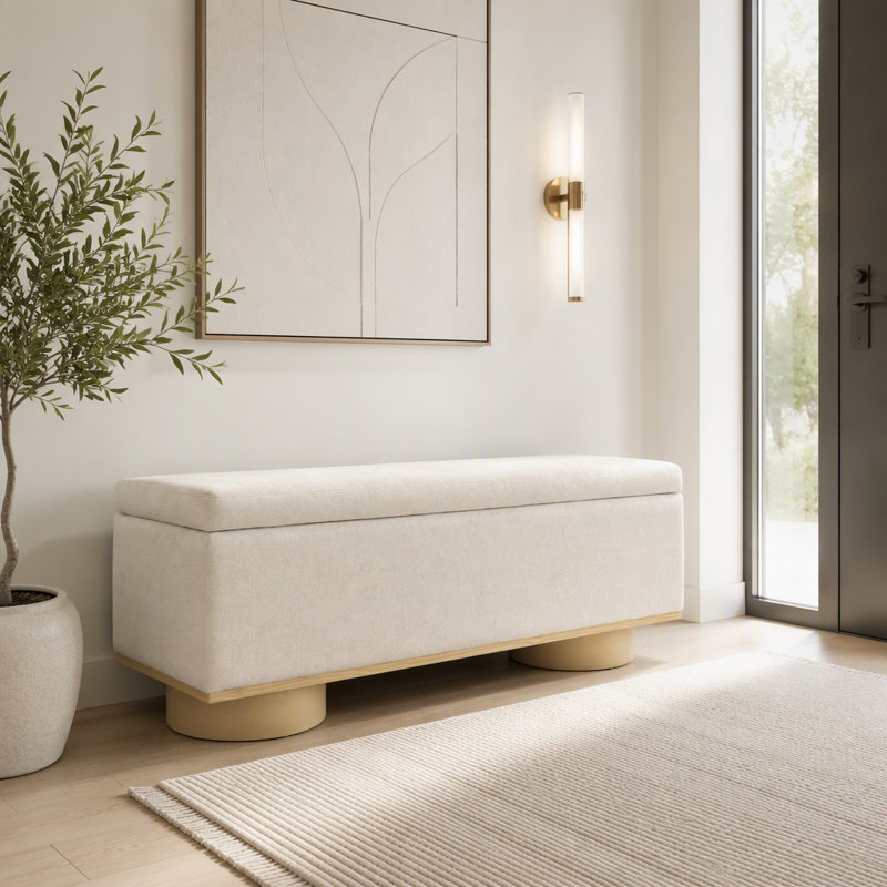 Banc de rangement moderne rembourré de couleur avoine de 50 pouces