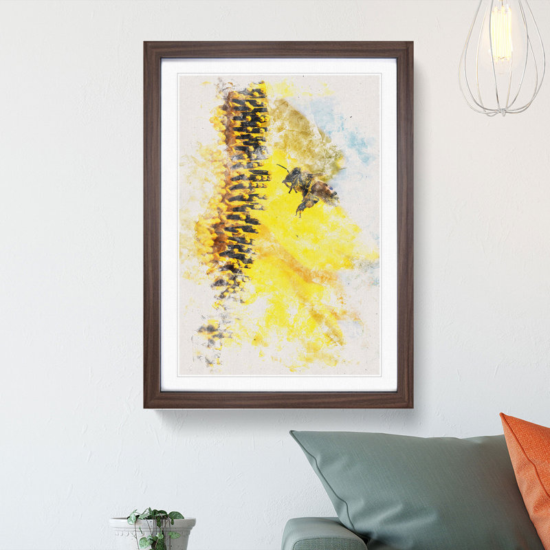 Busy Bee & Yellow Flower Watercolour - Picture Frame Graphic Art, Walnut Framed, 63cm H x 45cm W x 2cm D