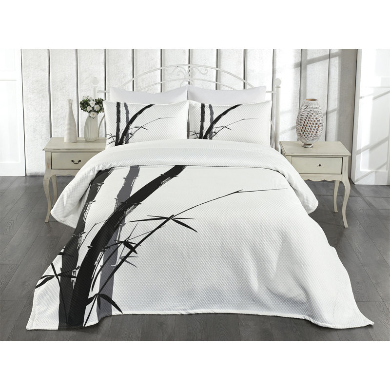 White Quilted Queen Bedspread Set with Charcoal Grey Bamboo Design