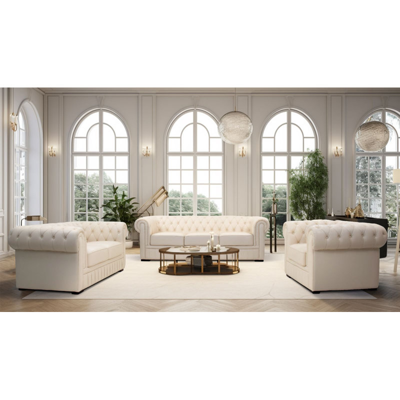 Ensemble de salon 3 pièces en cuir véritable de qualité supérieure Audelio, Cuir véritable beige