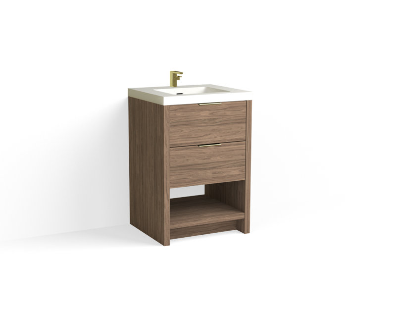 Vue 24" W Freestanding Single Bathroom Vanity, Glossy White/Single, Satin Brass, Nocino