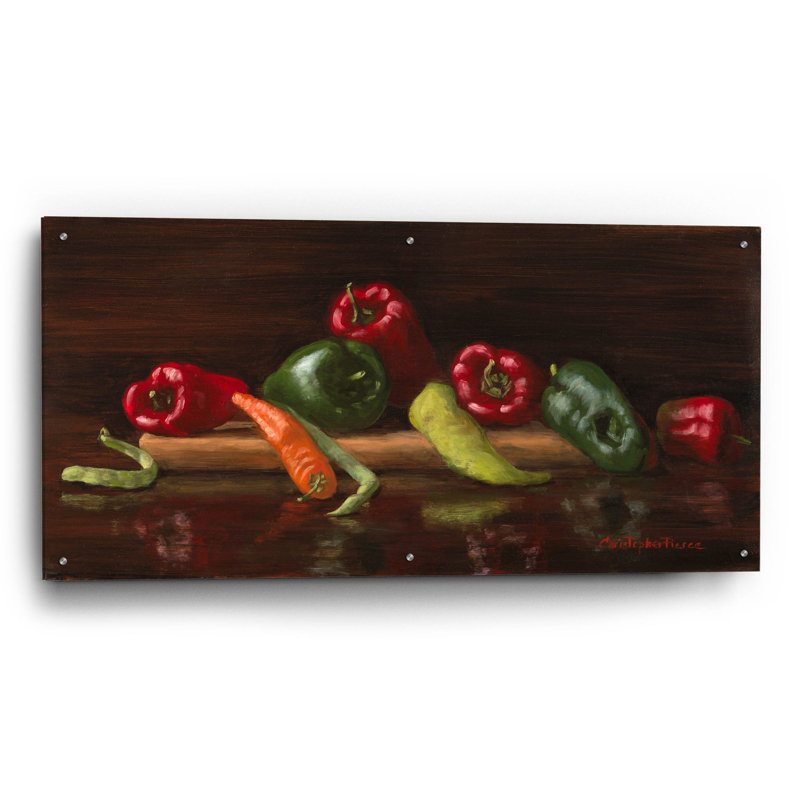 Poivrons verts et rouges sur plastique / acrylique par Christopher Pierce, H 24 po x l 48 po x P 0,2 po