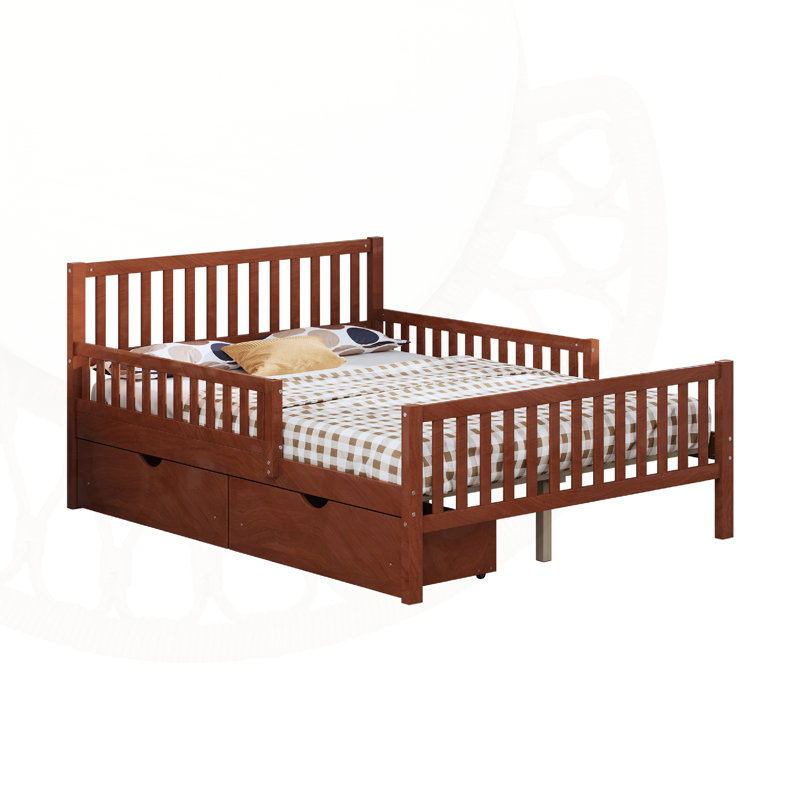 Wood Platform Bed with Guardrails on Both Sides and Two Storage Drawers, Full, Walnut