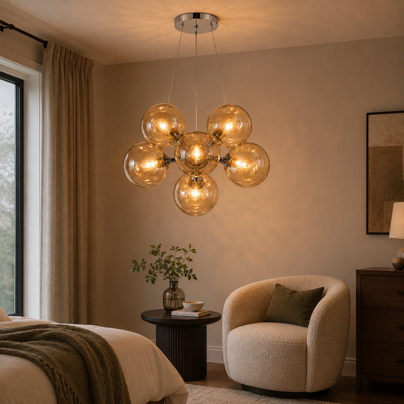 Lustre en grappe de verre cognac 6 lumières Modern avec finition chromée et hauteur réglable