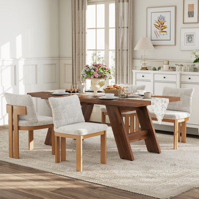 71" Wood Grain MDF Rectangular Dining Table Set, Modern Large Dining Table with Slanted Legs & 4/6 PCS Boucle Rubber Wood Chairs for Dining Room, Home