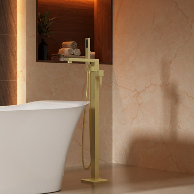 Robinet de baignoire autoportant à fixation au sol à poignée simple ADECAB avec pomme de douche à main et bec pivotant à 360 °