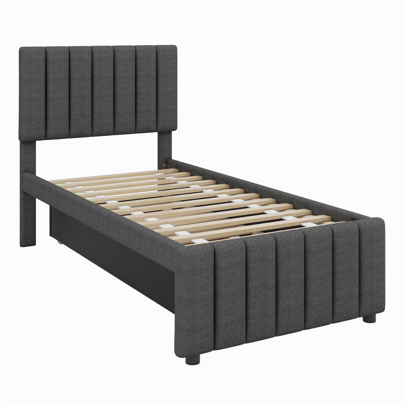 Lit simple avec lit gigogne escamotable et 3 tiroirs de rangement en dessous, lit plateforme simple tapissier en lin, Gris