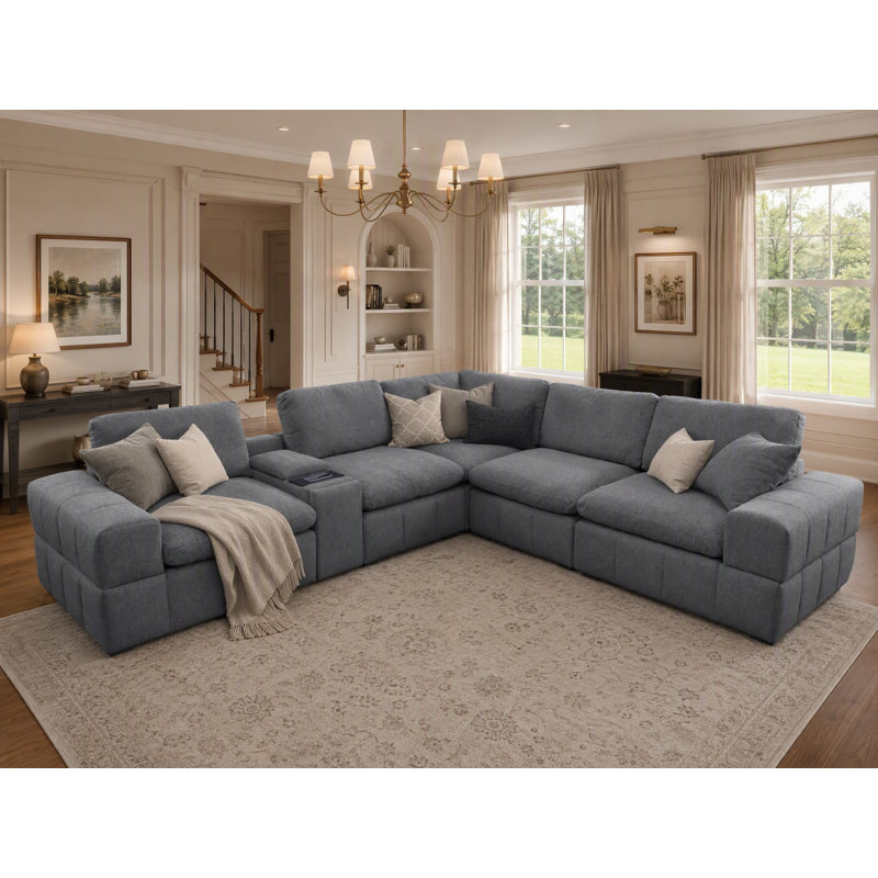Canapé modulaire de 6 pièces avec console 124 chargeurs, rangement et porte-gobelets de 124,1 po USB, Polyester gris foncé