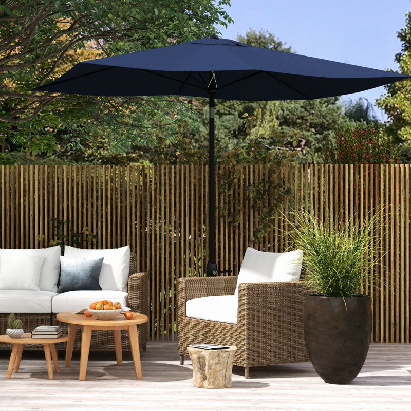 Blue Patio Umbrella 6.5' X 10', Large Outdoor Table With Effortless Crank, Tilt Mechanism And 50+ Coverage 10' Rectangular - Blue, Push Button & Protection 50