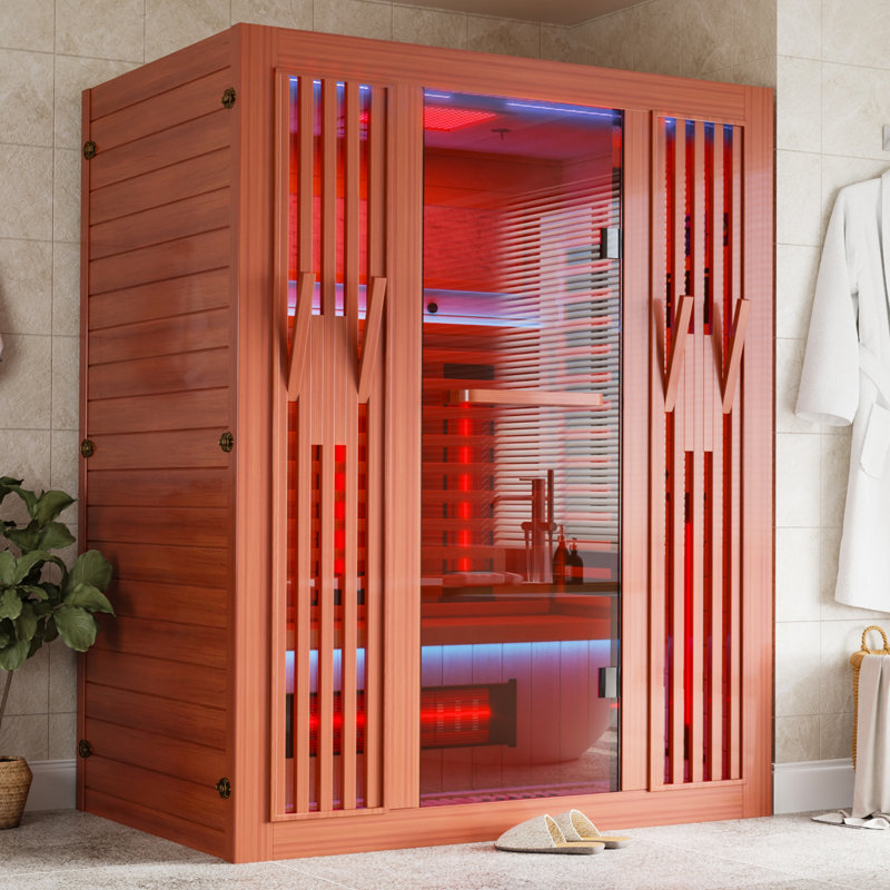Meissalivve Full Spectrum Infrared Sauna, 2-3 Person Home Sauna, Red Cedar Indoor Sauna With 10 Minutes Warm-Up Heat, Indoor Infrared Sauna Room With Resonance Speaker, Panoramic Tempered Glass Door