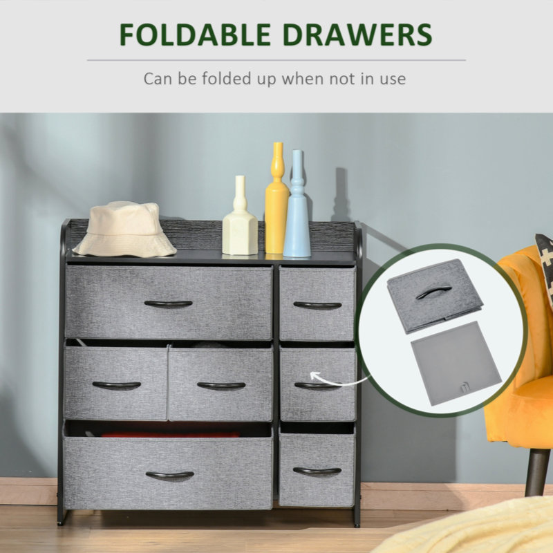 Gray Fabric 7-Drawer Dresser with Dark Wood Top and Steel Frame