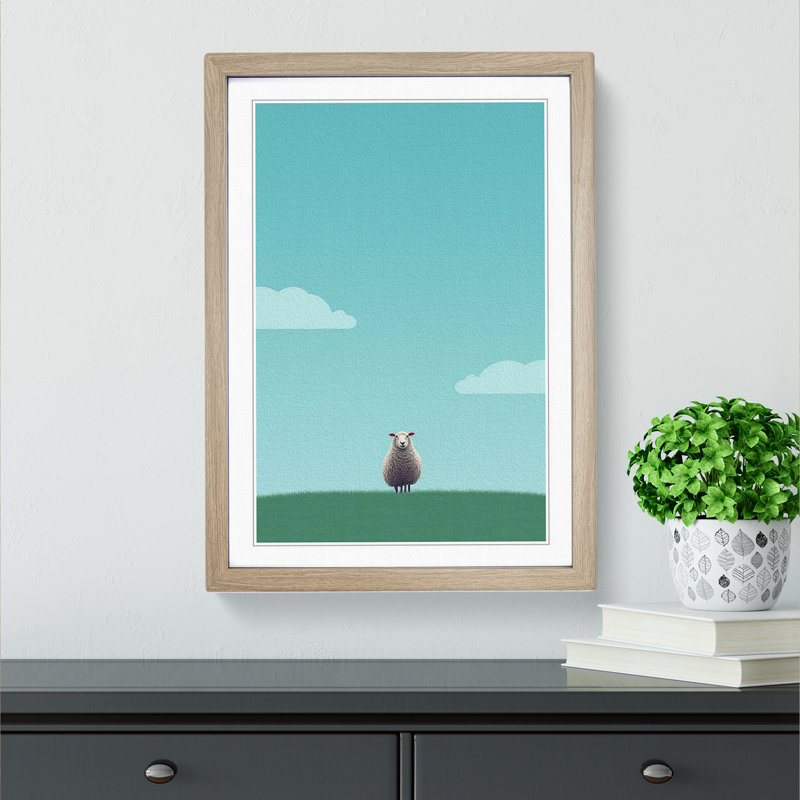 Sheep Minimalism - Framed Print, 64cm H x 46cm W x 2cm D, Oak