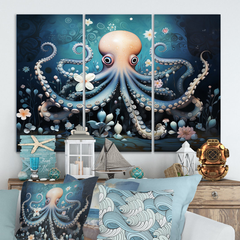 Ensemble de décoration murale Ethereal Octopus In Deep See Illustration I - Animaux Octopus, H 28 po x l 36 po x P 1 po