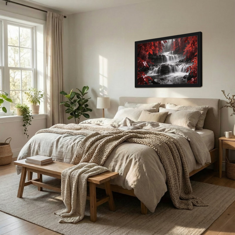 «Plants & Flowers Red Leaves Waterfall Forest Nature Scene», reproduction d'art, H 12 po x l 18 po