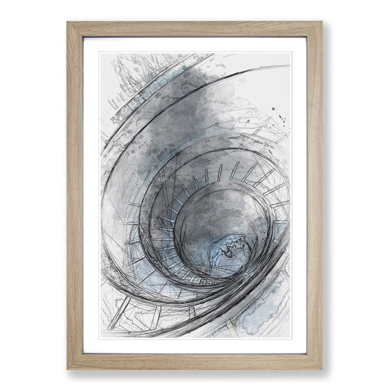 Spiral Staircase in Rome in Abstract - Picture Frame Graphic Art Print on MDF, 36cm H x 27cm W x 2cm D, Oak Framed