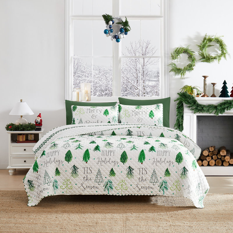 White Reversible Twin Christmas Tree Quilt Set