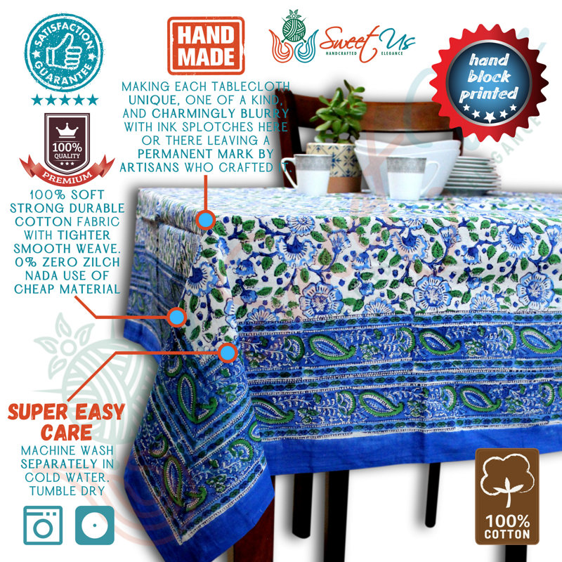 Cotton Block Print  Floral Tablecloth