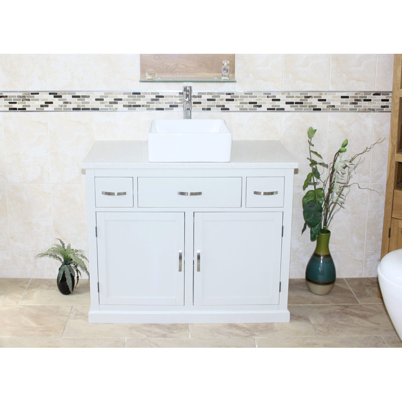 Roder 1000mm Single Bathroom Vanity with Vessel Ceramic Basin, White Quartz, Grey