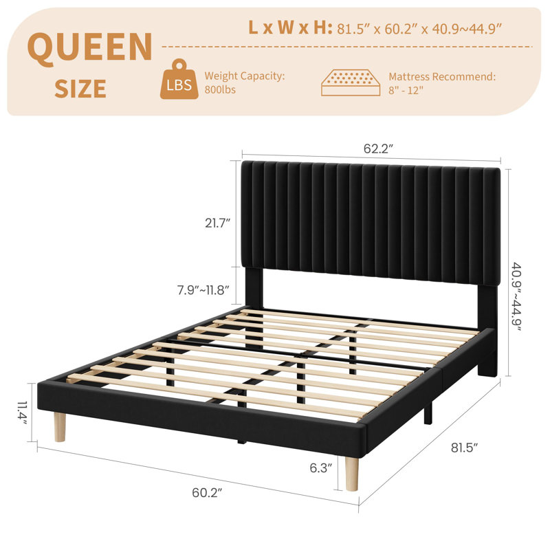 Queen Bed Frame with Adjustable Headboard, Velvet Upholstered Platform Queen Size Bed Frame, Vertical Channel Tufted, Strong Wooden Slats, No Box Spring Needed, Easy Assembly, Black