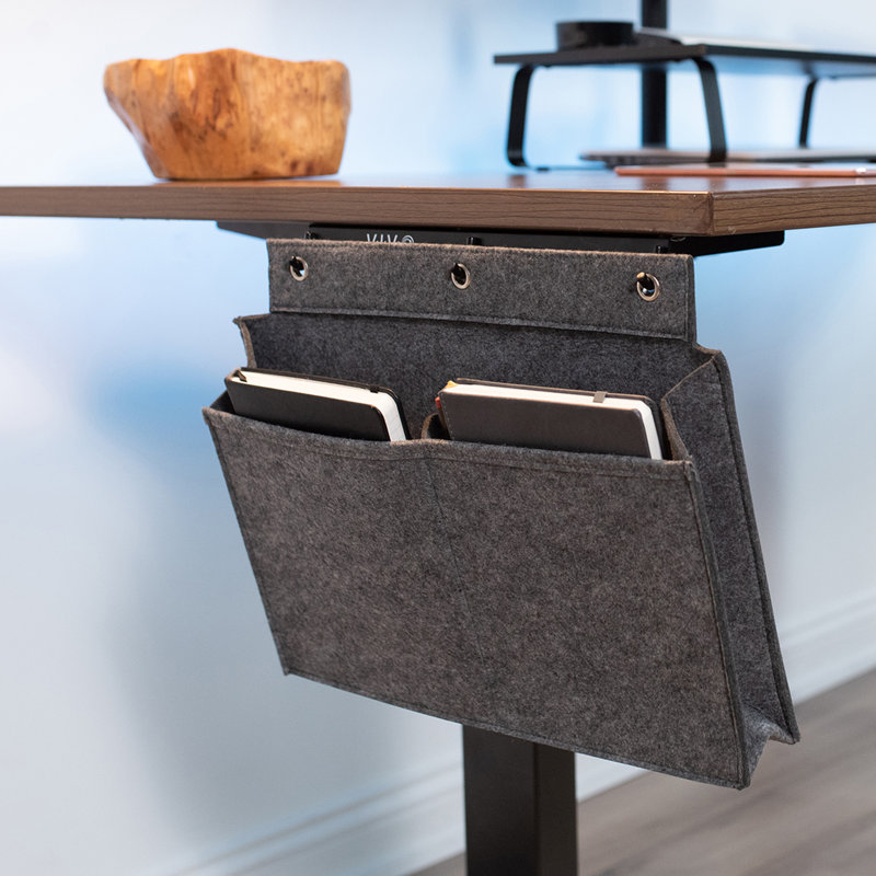 Sleek Modern Gray Felt & Steel Side Desk Storage Pocket