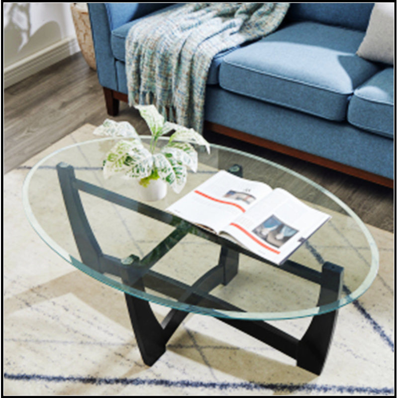 48" Oval Glass Top Coffee Table, Modern Black Frame Center Table for Living Room Office Apartment, Black