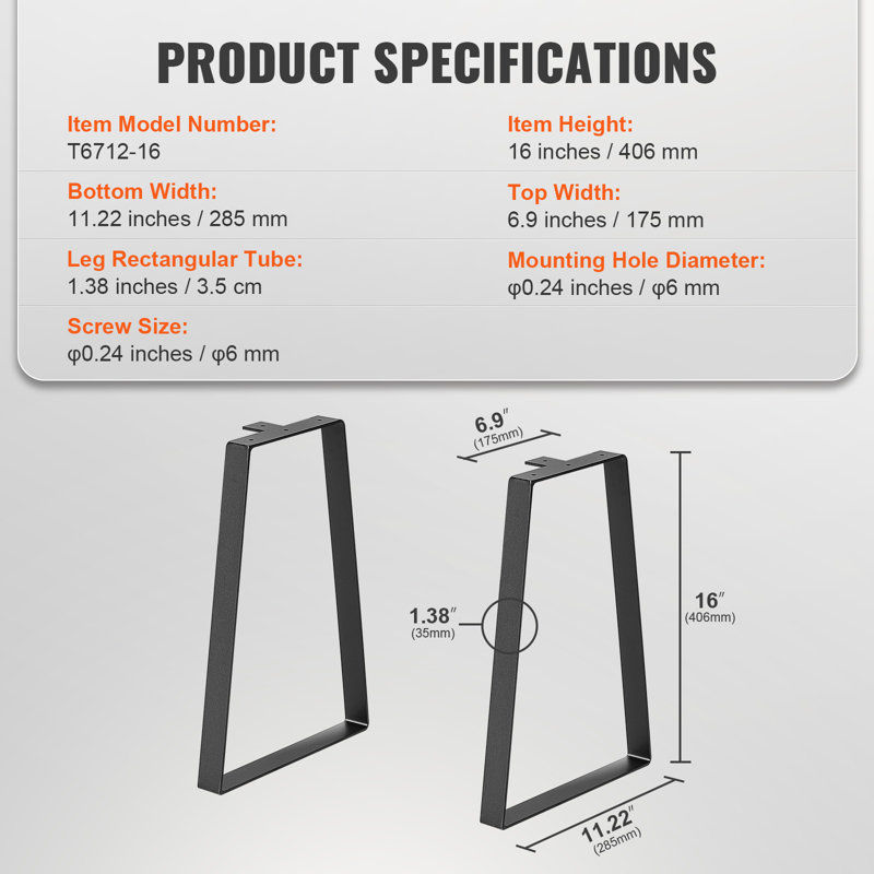 16-inch Black Carbon Steel Adjustable Table Legs Set