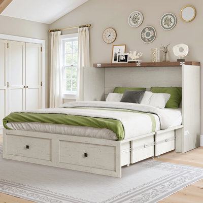 Lit escamotable double Farmhouse avec station de charge et matelas pliable inclus, blanc
