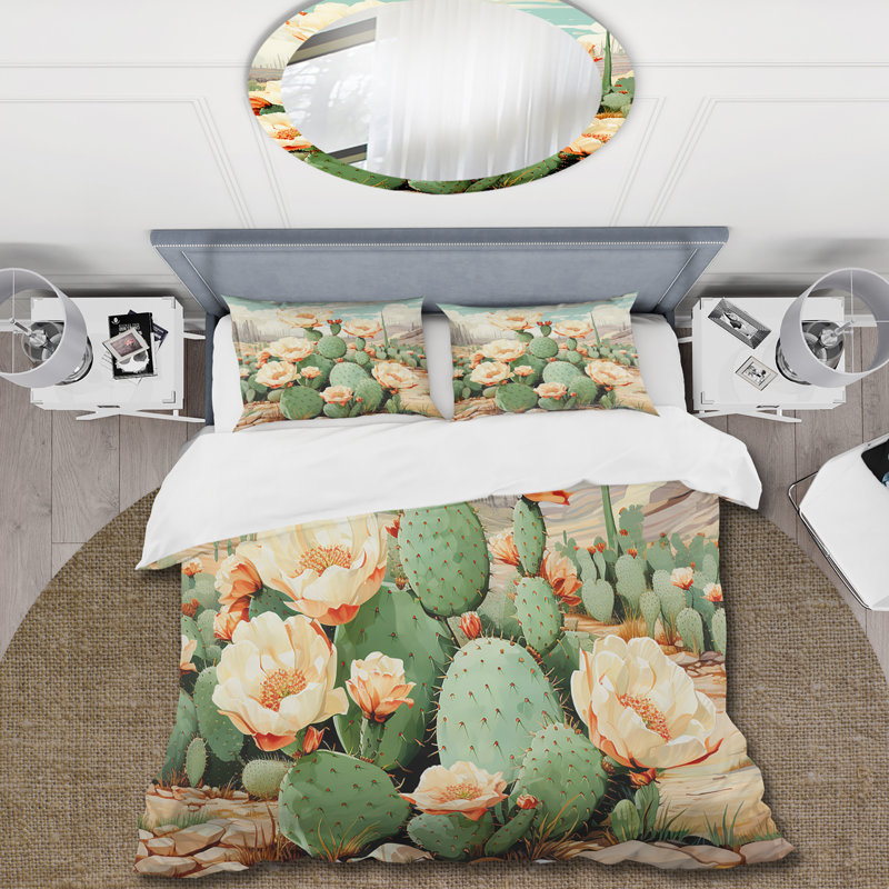 Ensemble de housse de couette Coral Green Cactus Desert Blooms Pointillism IV - Cactus