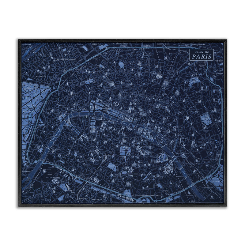 Giclée bleue détaillée de la carte de Paris, design par Phillipa Katz, H 24 po x l 30 po, Giclée encadrée noir minuit