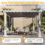 Pergola de terrasse 3,66 m de large x 3,05 m de profondeur avec auvent rétractable, structure en métal blanc thermolaqué, toile d'ombrage grise imperméable UPF50+, treillis de vigne